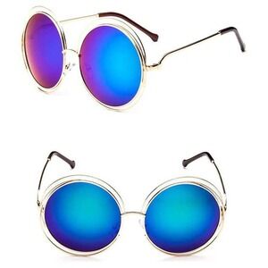 Round Sunglasses Women Gold‎ Frame Blue Lens Fashion Circle Sun Glasses Lentes